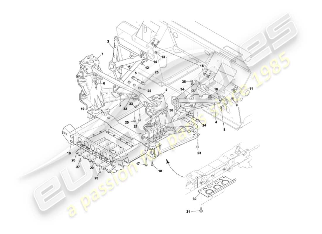aston martin vanquish (2003) diagramma delle parti della struttura di supporto del corpo anteriore