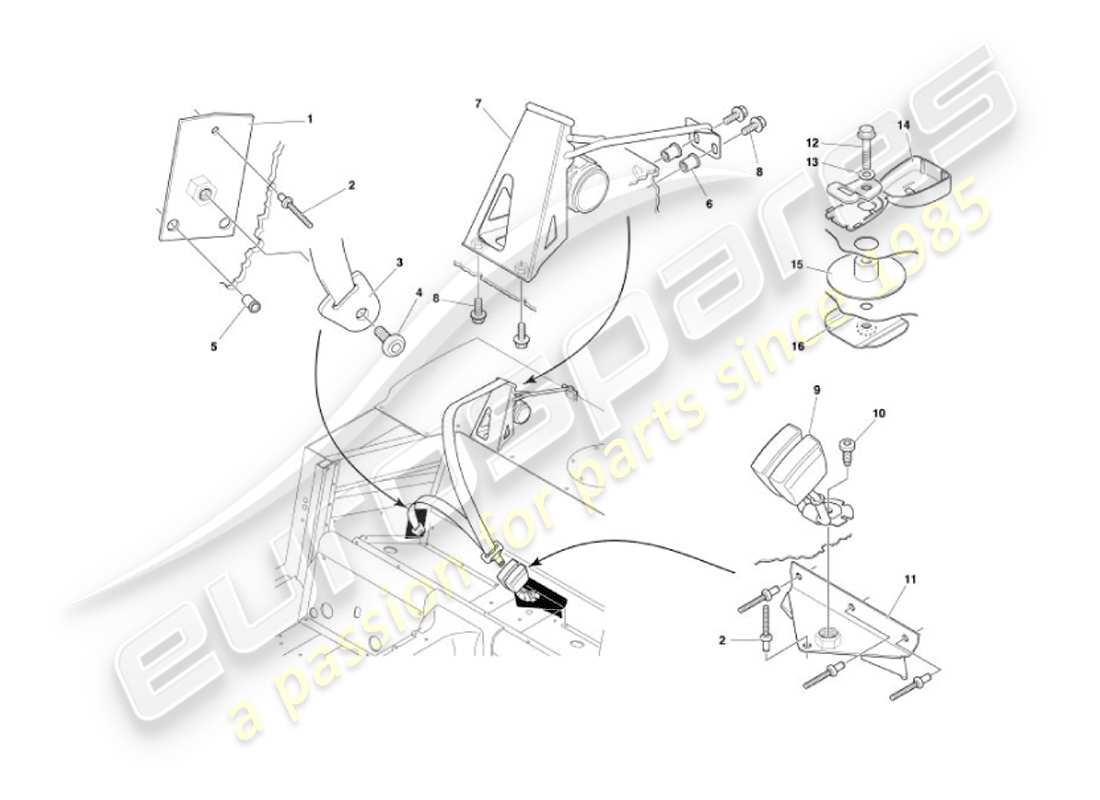 aston martin vanquish (2007) cinture di sicurezza posteriori diagramma delle parti