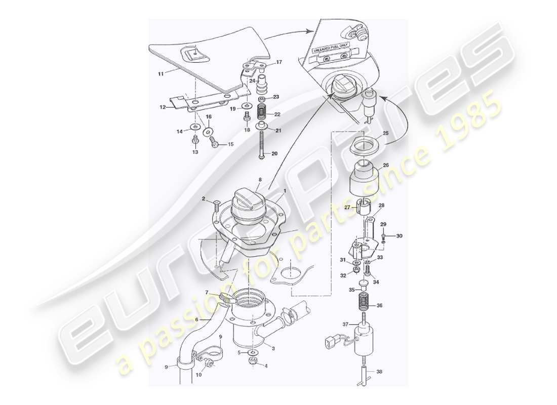 aston martin v8 virage (2000) sportelli del bocchettone di rifornimento carburante, schema delle parti volante