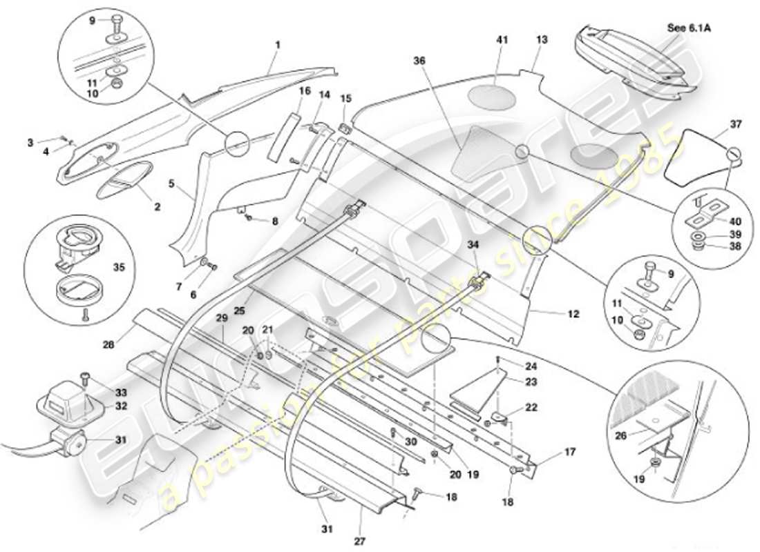 aston martin vanquish (2001) rivestimento posteriore, diagramma delle parti 2+0