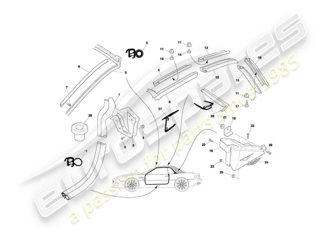 aston martin db7 vantage (2000) diagramma delle parti delle guarnizioni per porte e tetti volante