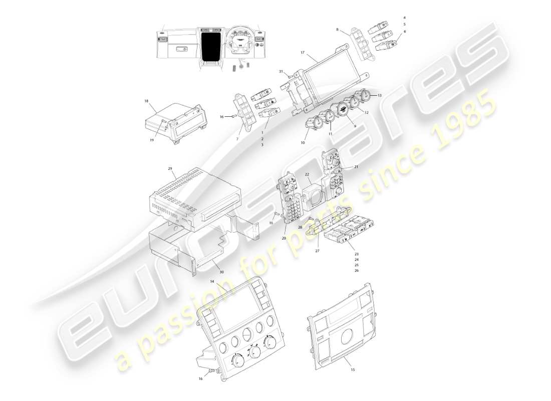 aston martin vanquish (2004) strumenti e controlli, 06my vin 501949 sul diagramma delle parti