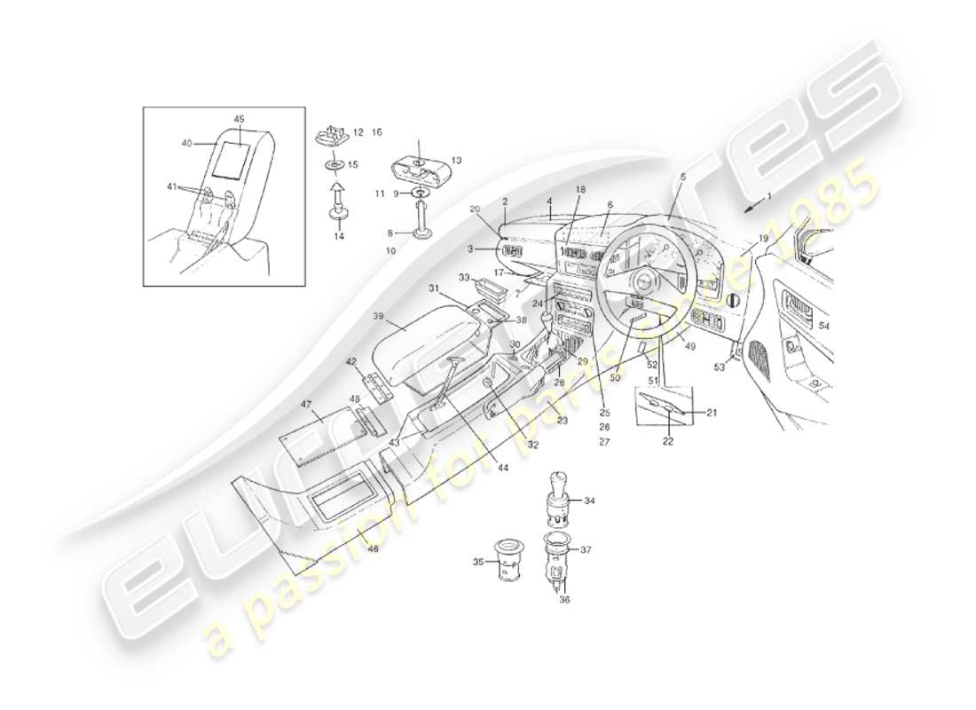 aston martin v8 virage (1999) allestimenti interni, schema delle parti della berlina