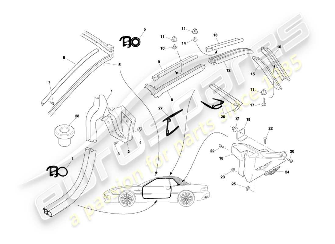 aston martin db7 vantage (2002) diagramma delle parti delle guarnizioni per porte e tetti volante