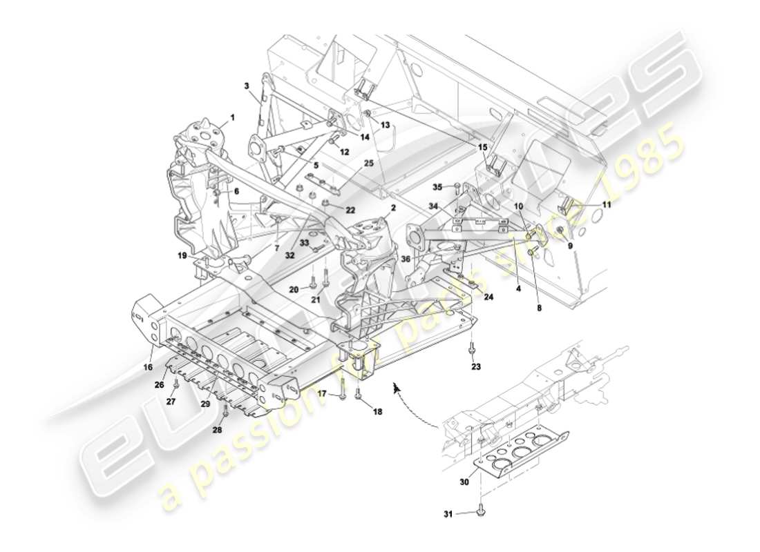 aston martin vanquish (2007) diagramma delle parti della struttura di supporto del corpo anteriore