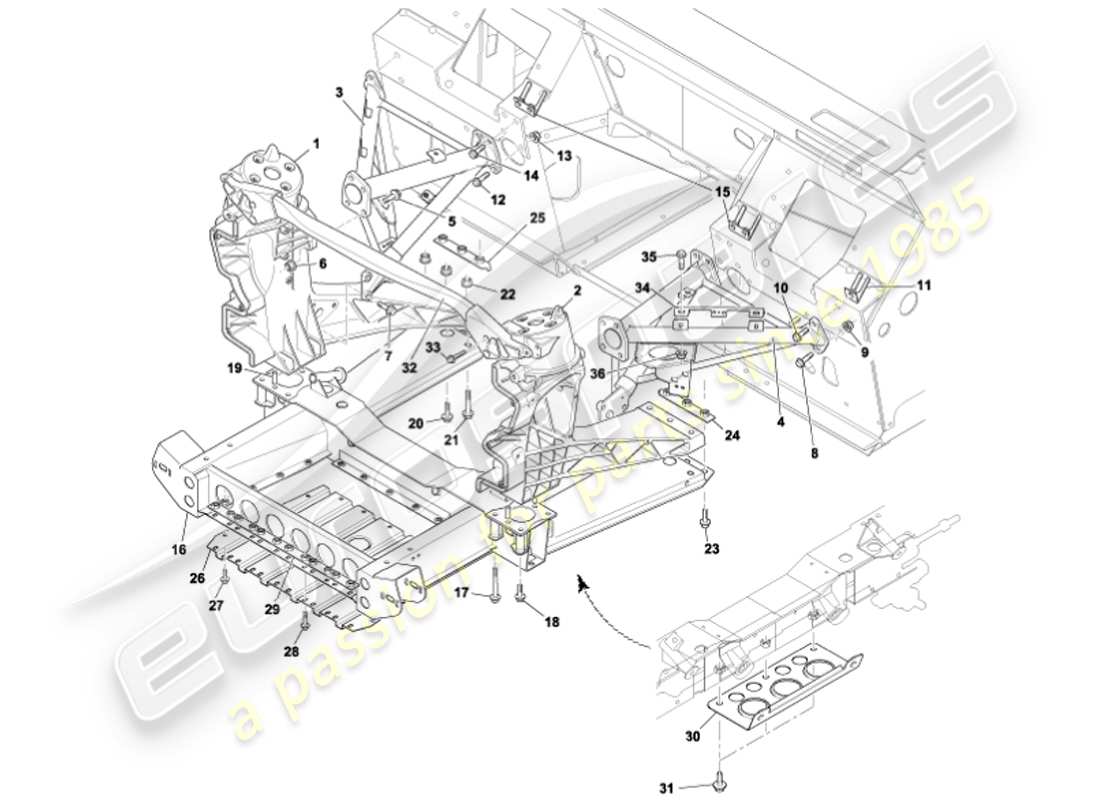 aston martin vanquish (2001) diagramma delle parti della struttura di supporto del corpo anteriore