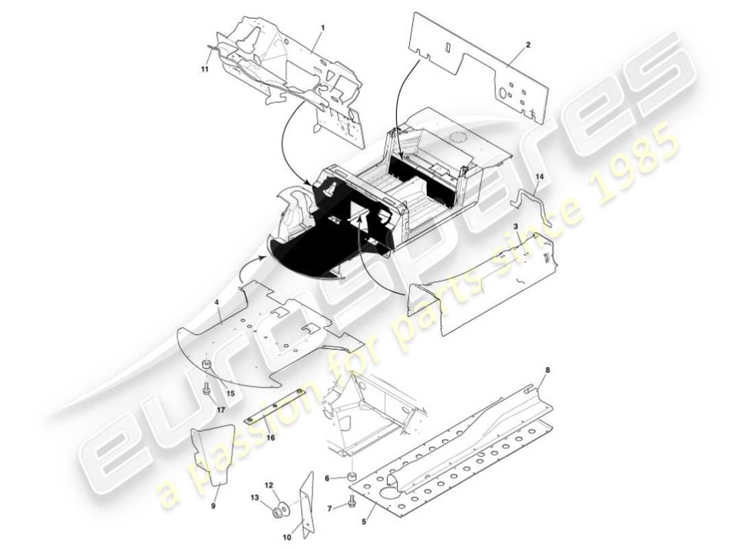 aston martin vanquish (2001) diagramma delle parti dei deflettori di calore e degli scudi