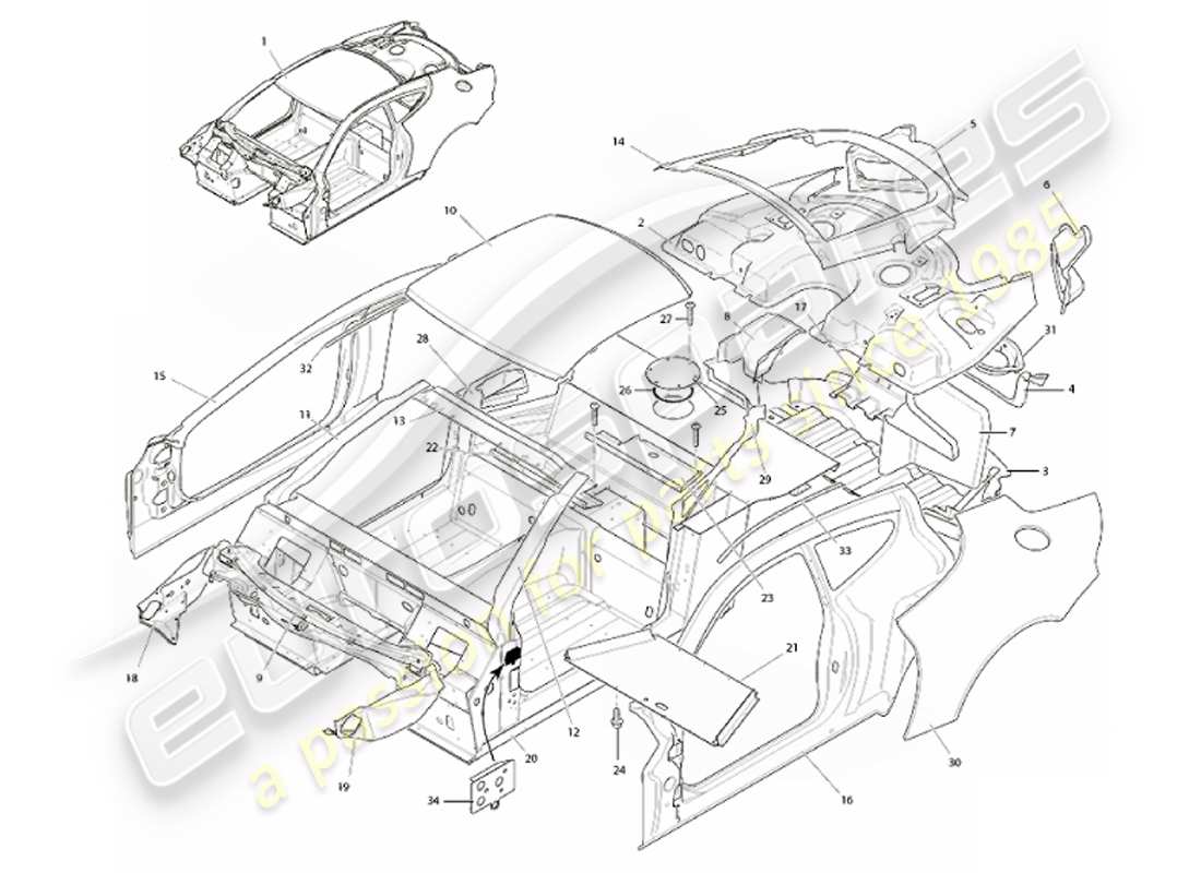 aston martin vanquish (2001) struttura del corpo diagramma delle parti