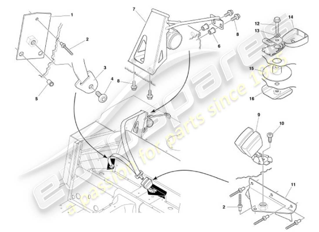 aston martin vanquish (2001) cinture di sicurezza posteriori diagramma delle parti