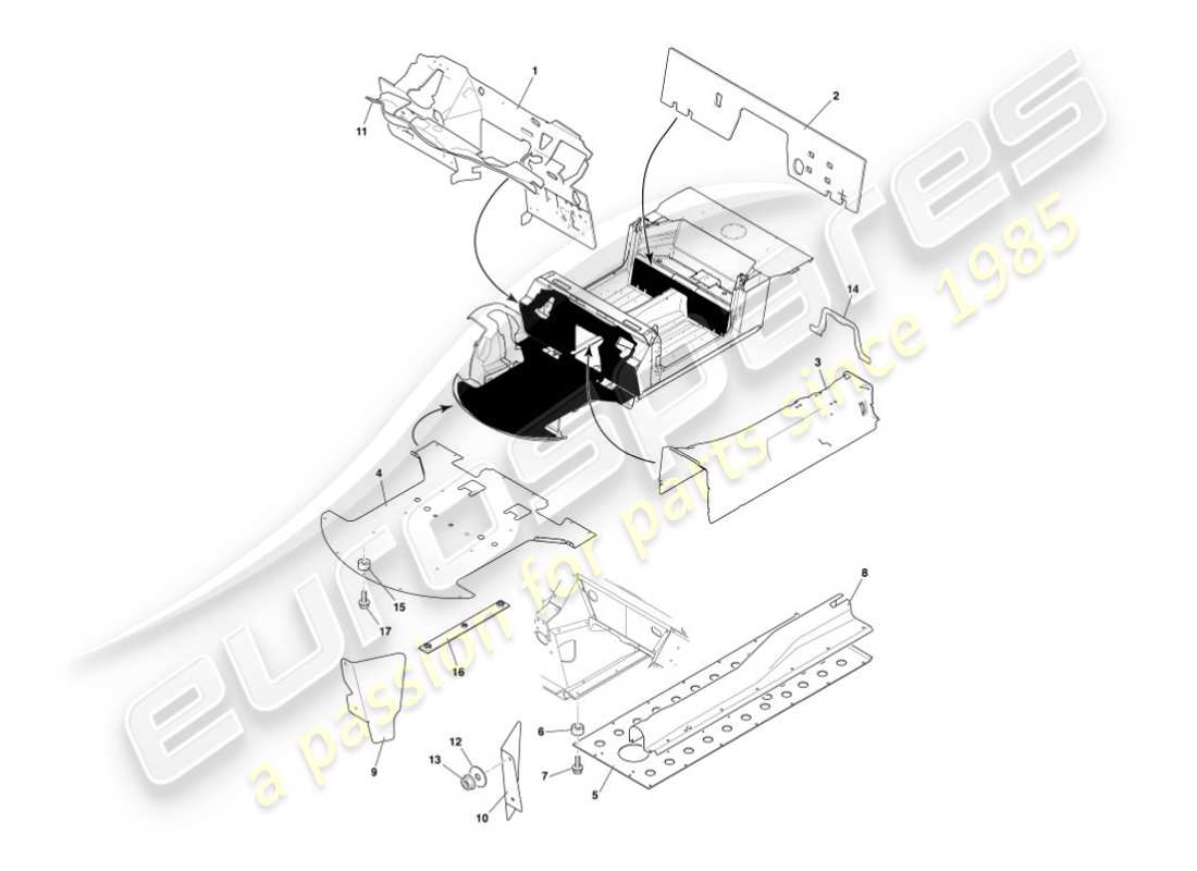 aston martin vanquish (2006) diagramma delle parti dei deflettori di calore e degli scudi