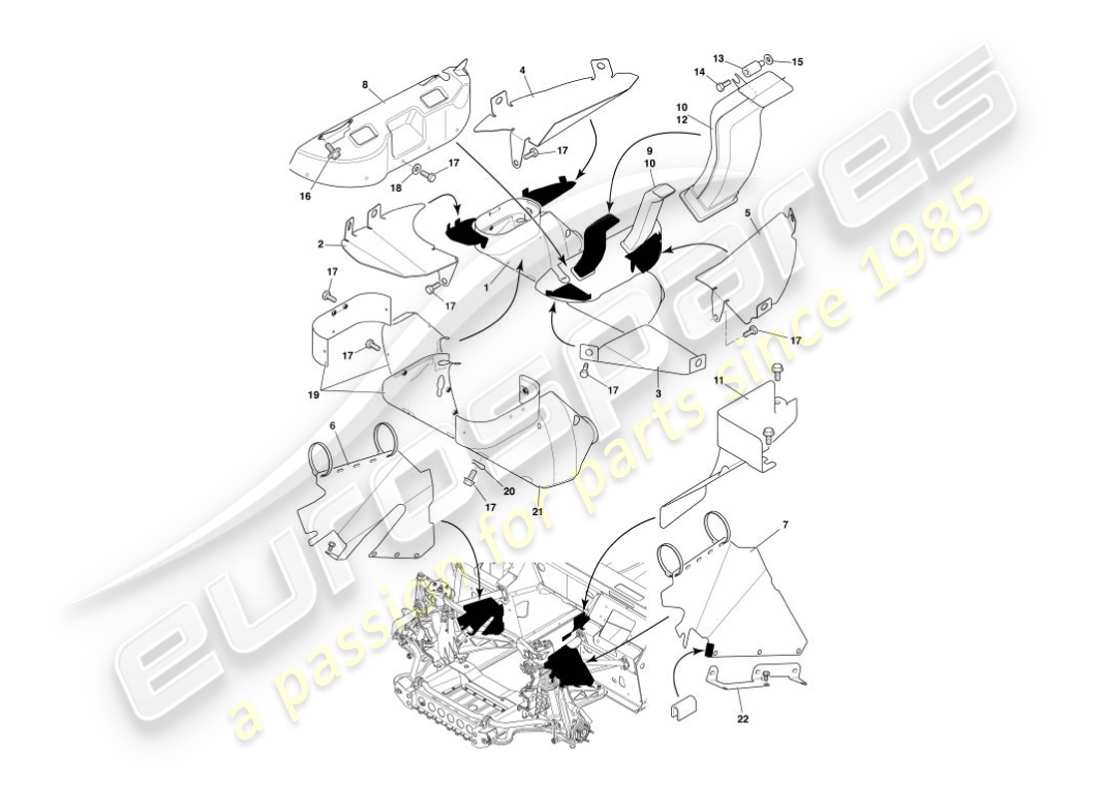 aston martin vanquish (2002) deflettori e scudi di calore diagramma delle parti