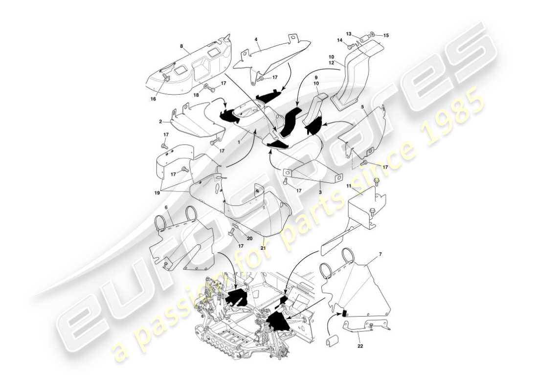 aston martin vanquish (2005) deflettori e scudi di calore diagramma delle parti