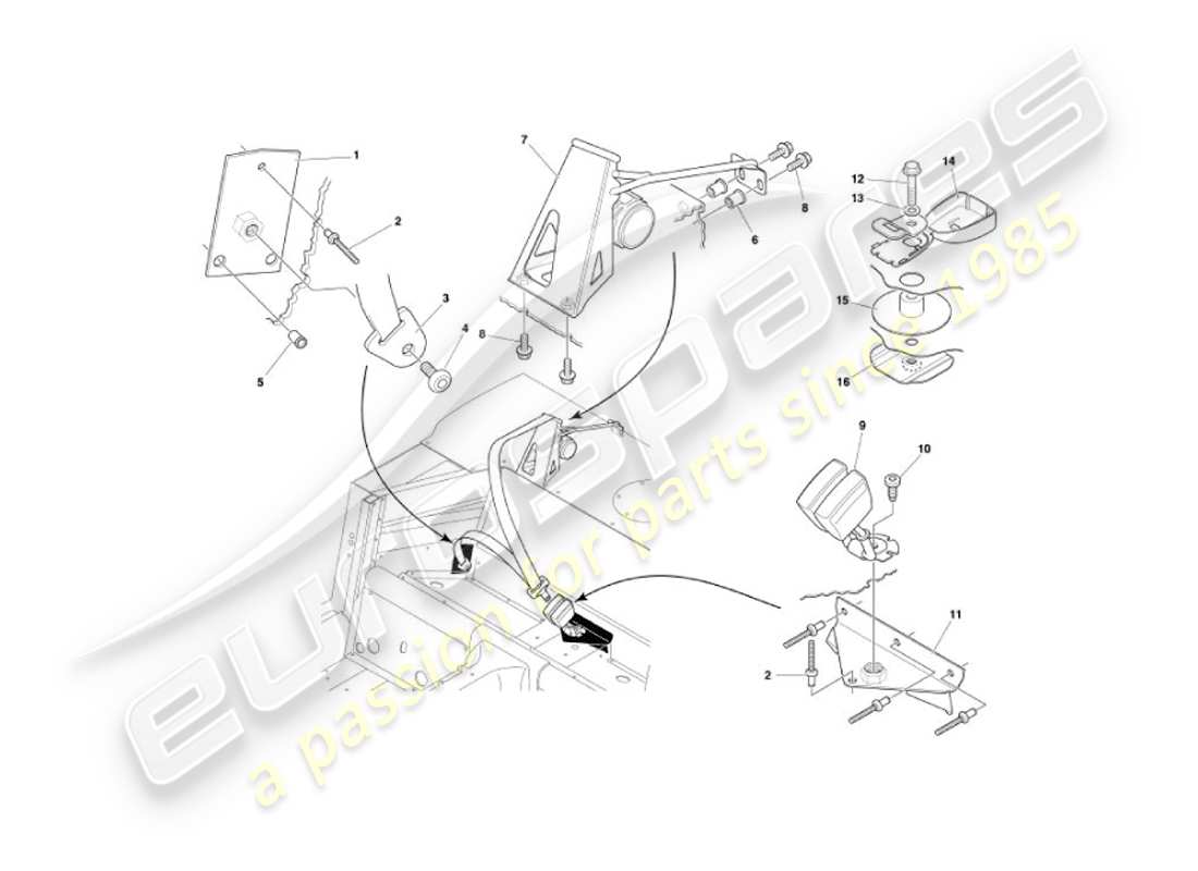 aston martin vanquish (2002) diagramma delle parti delle cinture di sicurezza posteriori