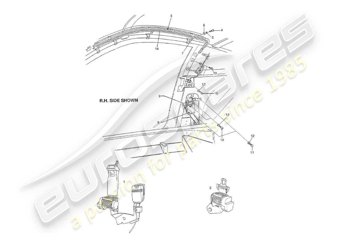 aston martin v8 virage (2000) allestimenti interni, diagramma delle parti delle cinture di sicurezza usa