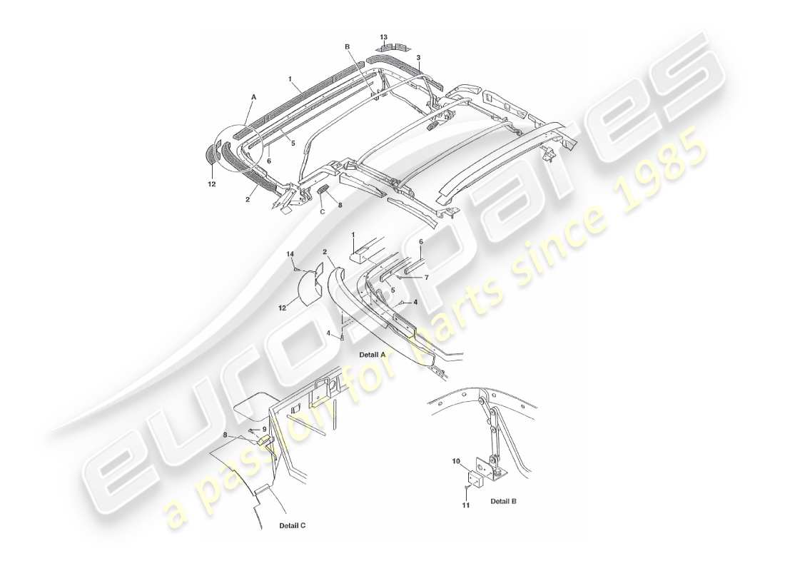 aston martin v8 virage (2000) diagramma delle parti del gruppo cappa