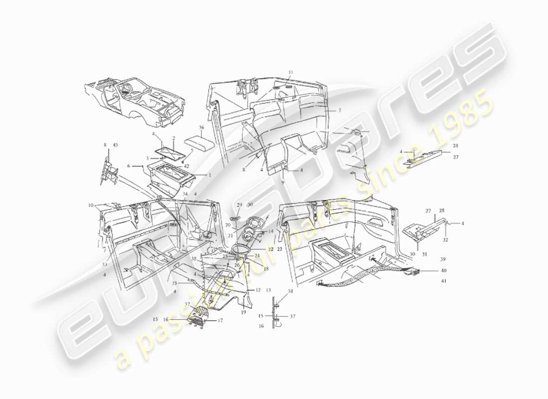 aston martin v8 virage (2000) rivestimento posteriore, diagramma delle parti volante