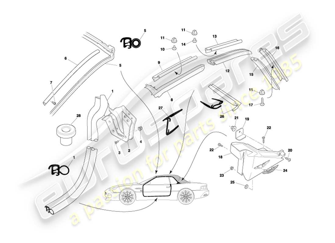aston martin db7 vantage (2004) diagramma delle parti delle guarnizioni per porte e tetti volante