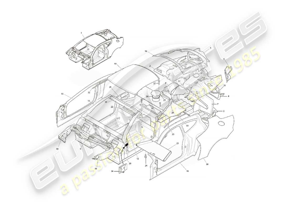 aston martin vanquish (2005) diagramma delle parti della struttura corporea
