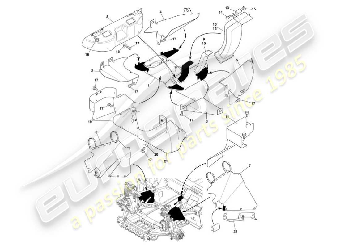 aston martin vanquish (2007) deflettori e scudi di calore diagramma delle parti