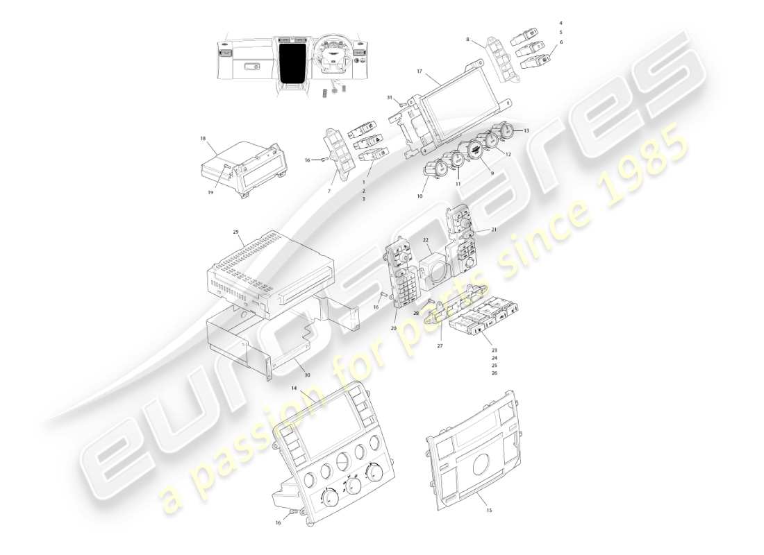 aston martin vanquish (2003) strumenti e controlli, 06my vin 501949 sul diagramma delle parti