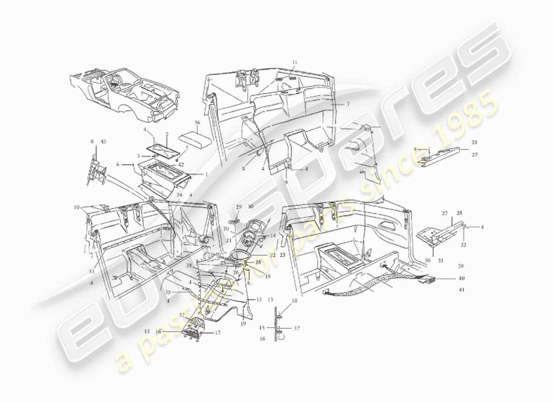 aston martin v8 virage (1999) rivestimento posteriore, diagramma delle parti volante