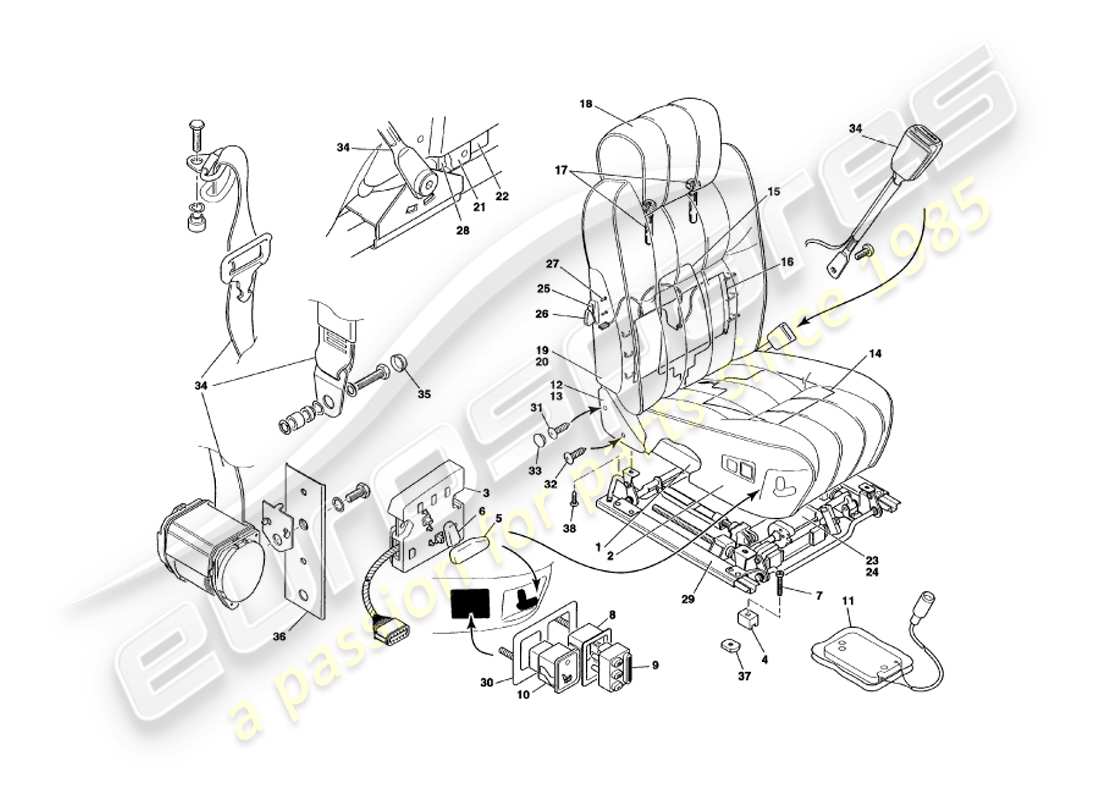 aston martin v8 volante (1998) diagramma delle parti dei sedili anteriori e delle cinture