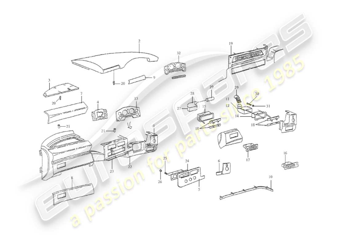 aston martin v8 virage (1999) alloggiamento del cruscotto, diagramma delle parti del volante