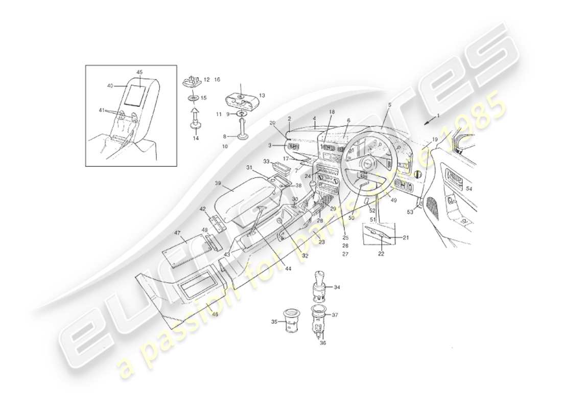 aston martin v8 virage (2000) allestimenti interni, schema delle parti della berlina