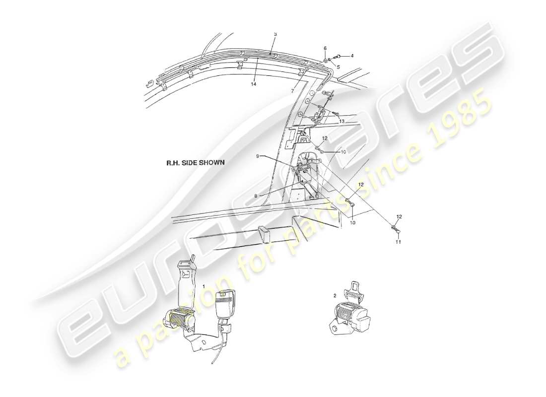 aston martin v8 virage (1999) allestimenti interni, diagramma delle parti delle cinture di sicurezza usa