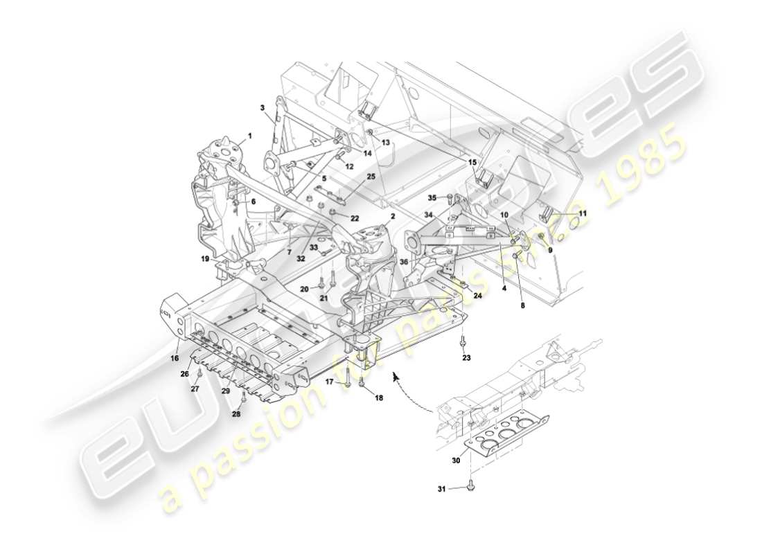 aston martin vanquish (2006) diagramma delle parti della struttura di supporto del corpo anteriore