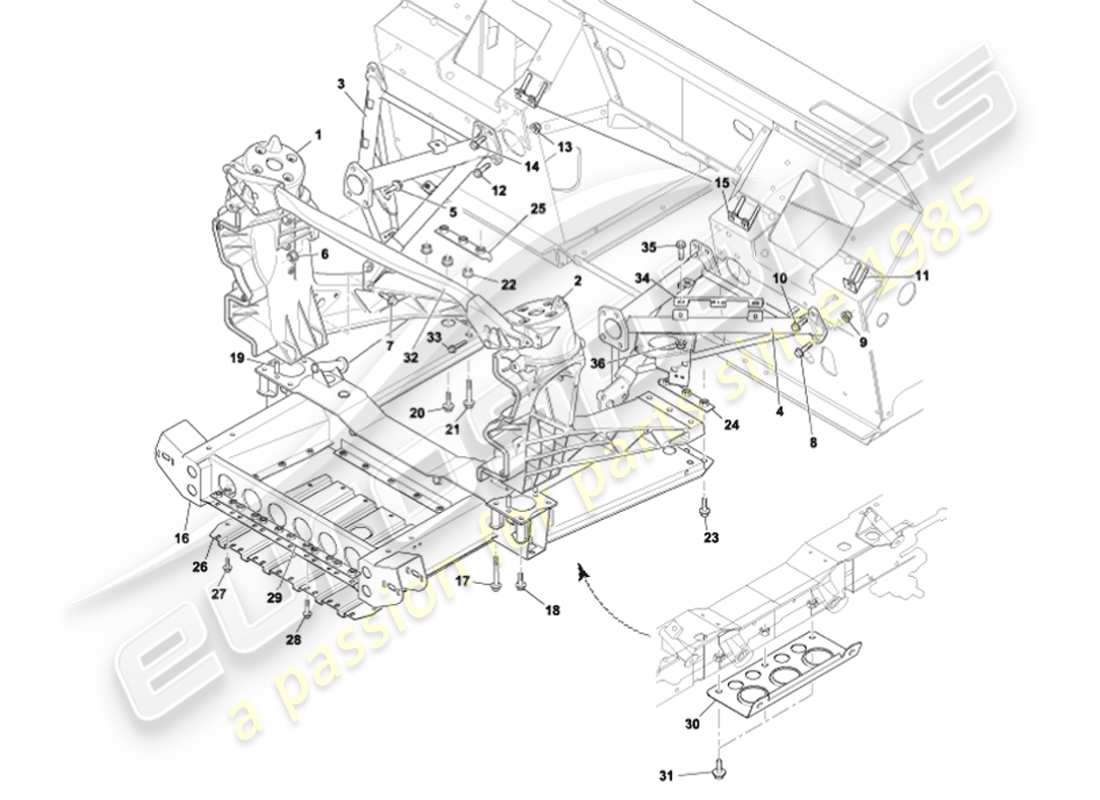 aston martin vanquish (2002) diagramma delle parti della struttura di supporto del corpo anteriore