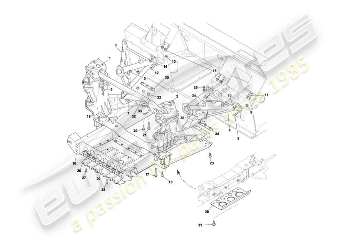 aston martin vanquish (2005) struttura di supporto del corpo anteriore diagramma delle parti