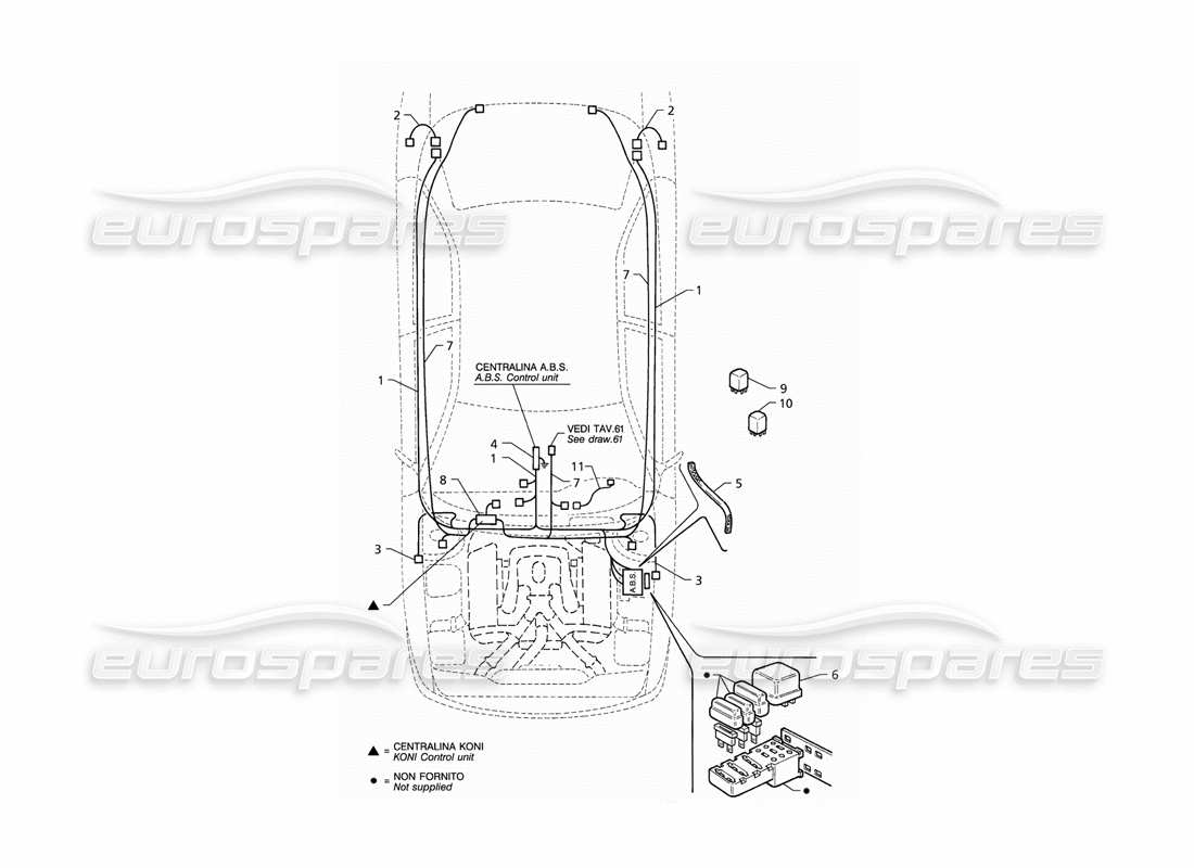 maserati qtp v6 (1996) impianto elettrico: abs e sospensioni "koni" (lhd) diagramma delle parti