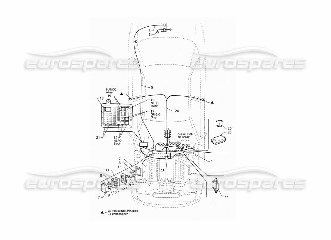 maserati qtp v6 (1996) impianto elettrico: diagramma delle parti del cruscotto e della batteria (lhd).