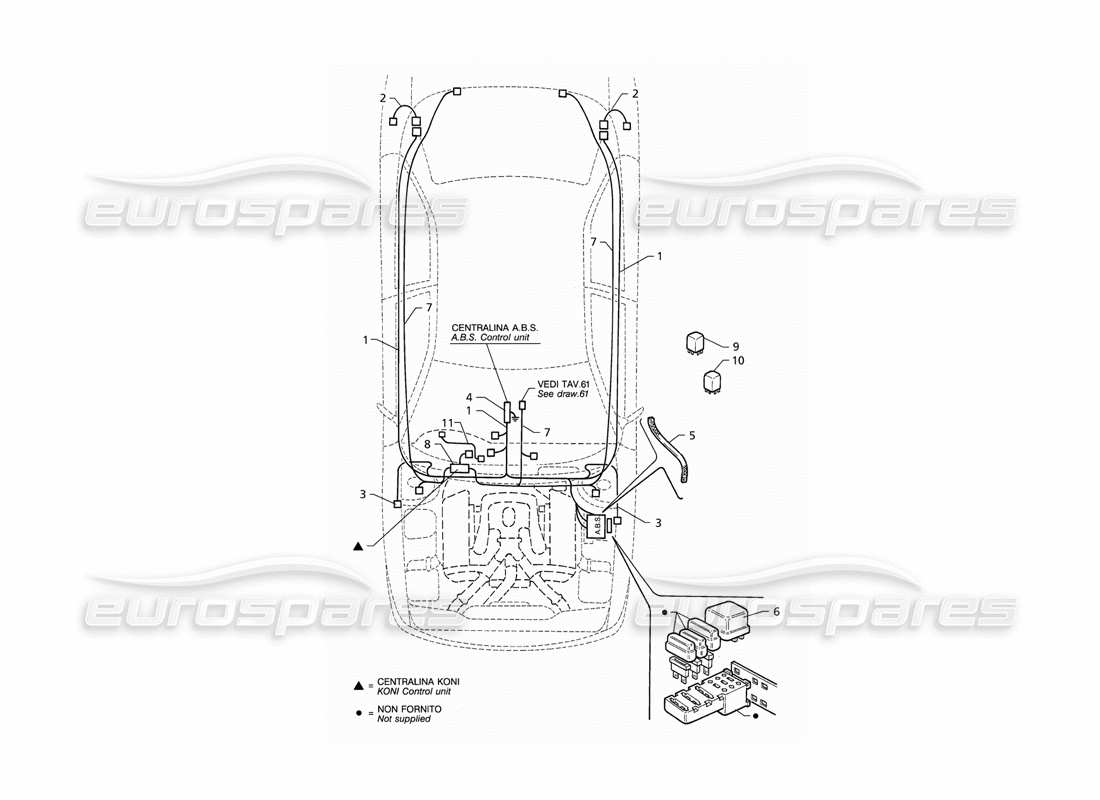 maserati qtp v6 (1996) impianto elettrico: schema delle parti dell'abs e delle sospensioni "koni" (rhd).