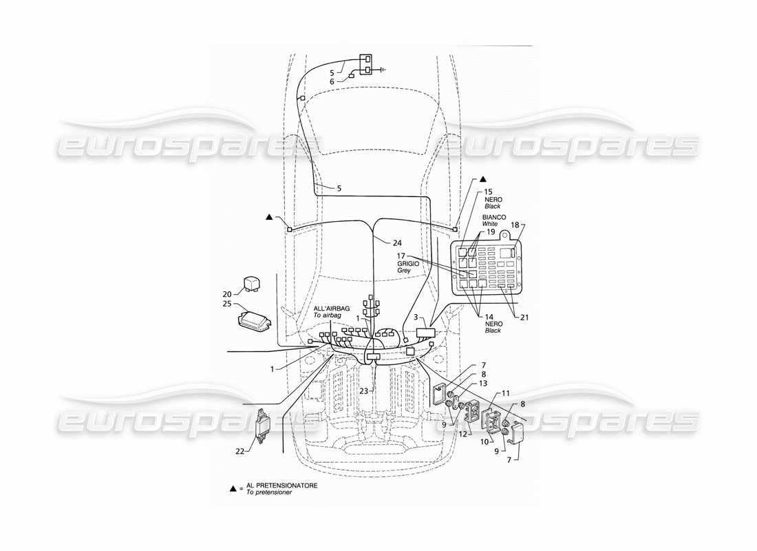 maserati qtp v8 (1998) impianto elettrico: diagramma delle parti del cruscotto e della batteria (rhd).