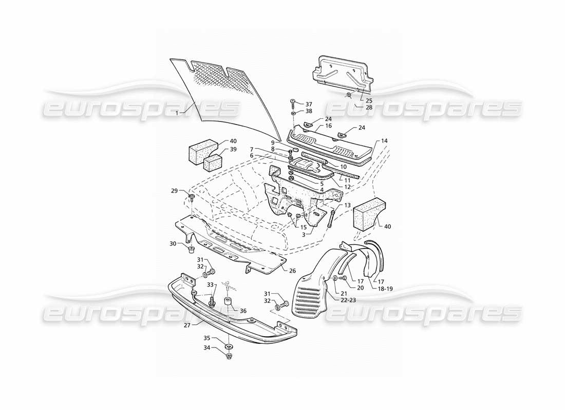 maserati qtp v8 (1998) diagramma delle parti del cofano e delle coperture del vano motore (rhd).