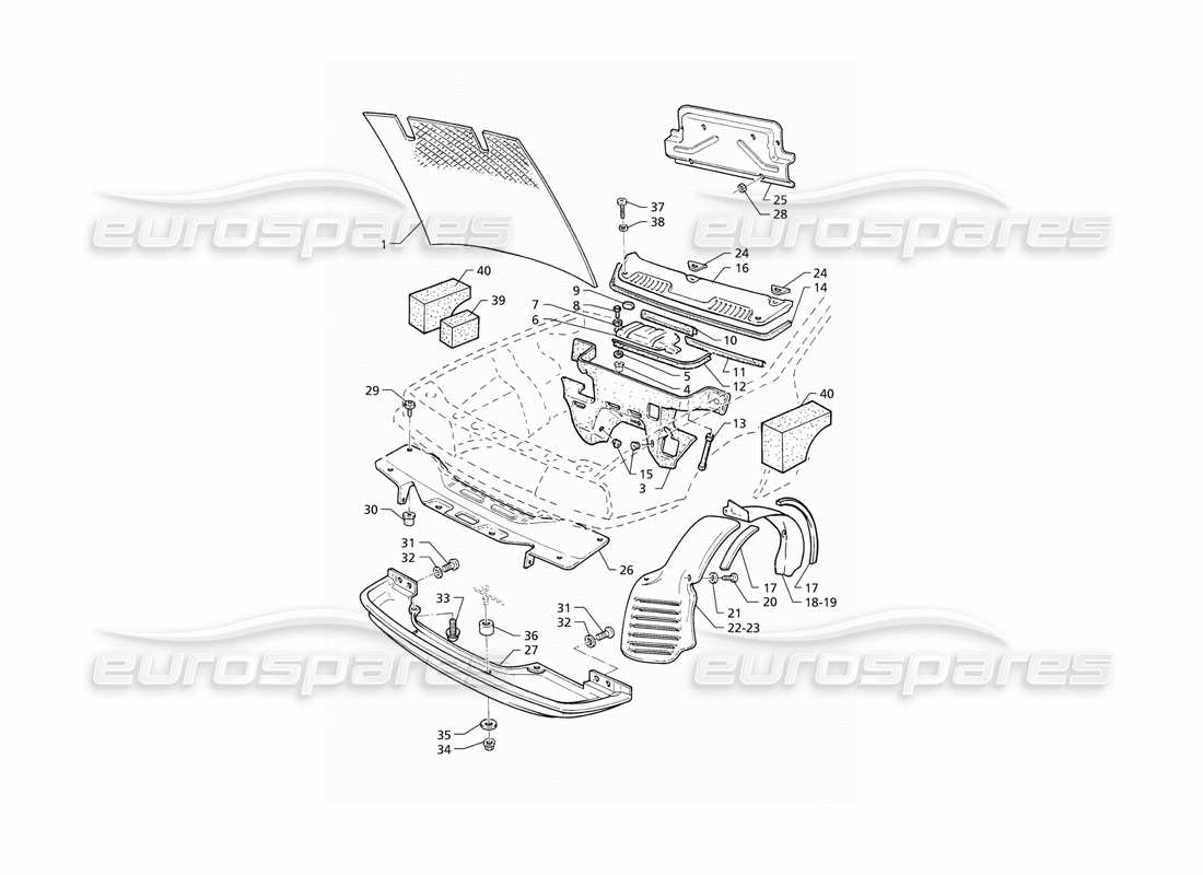 maserati qtp v8 (1998) schema delle parti del cofano e delle coperture del vano motore (lhd).
