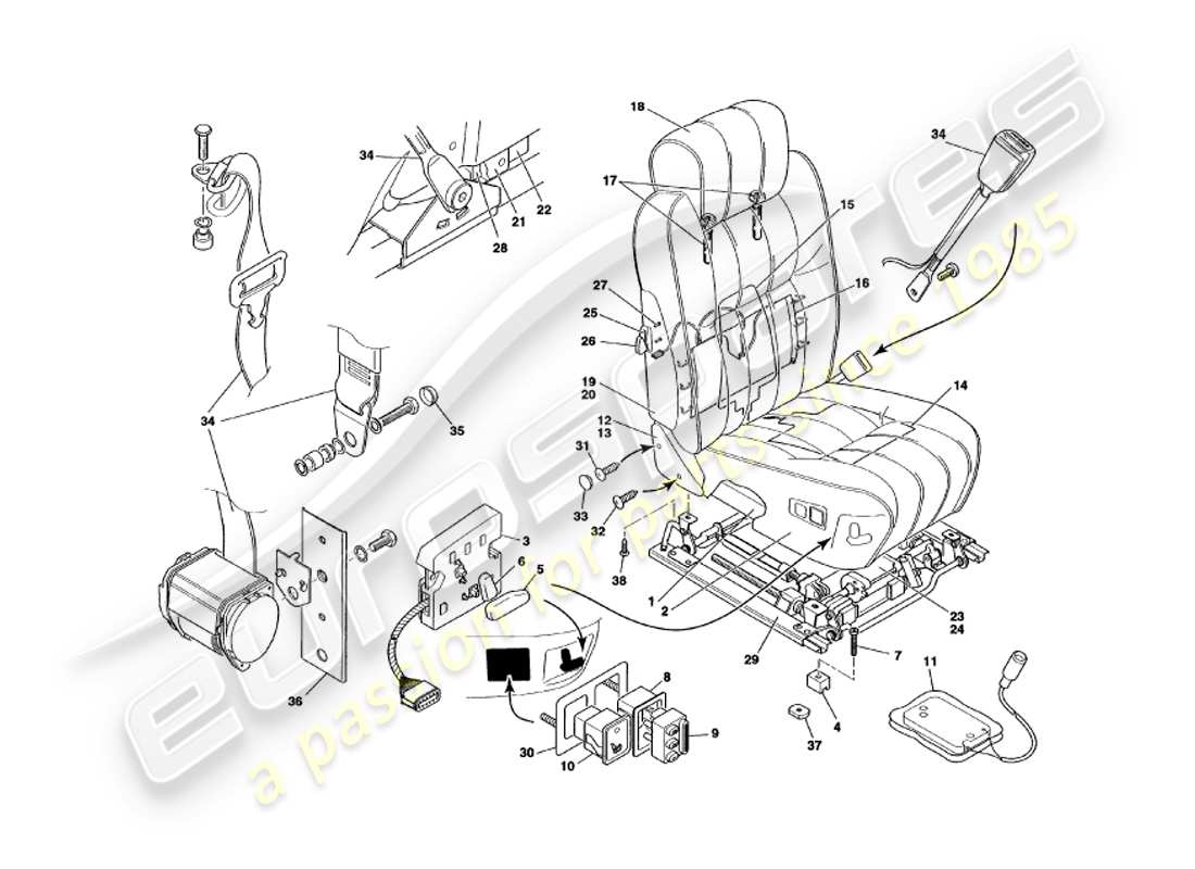 aston martin v8 volante (2000) diagramma delle parti dei sedili anteriori e delle cinture