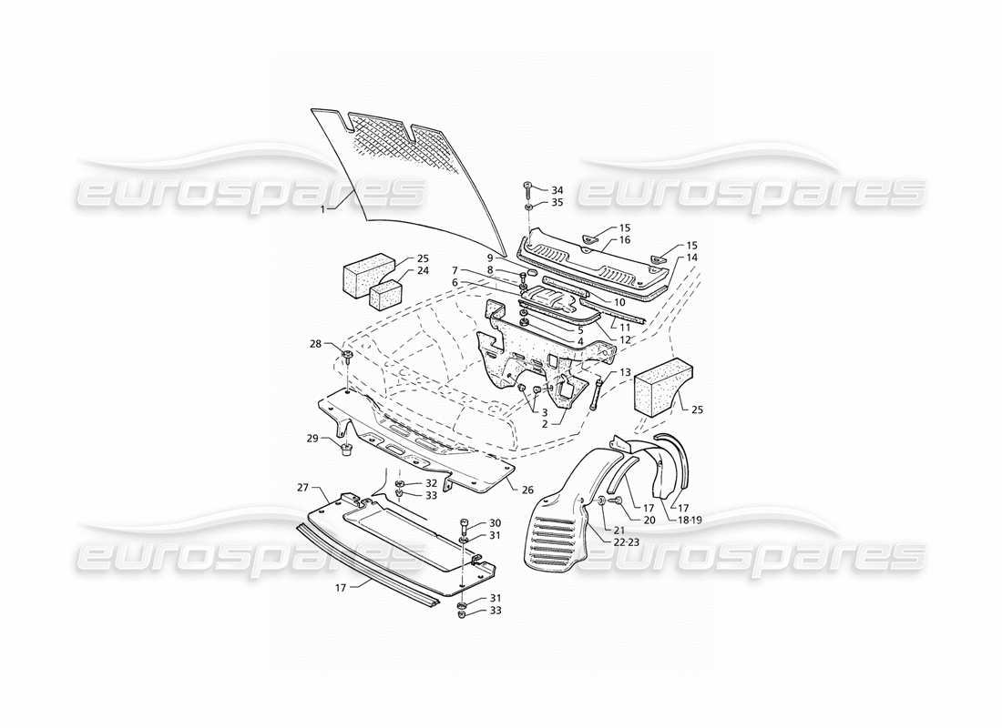 maserati qtp v6 (1996) schema delle parti del cofano e delle coperture del vano motore (lhd).