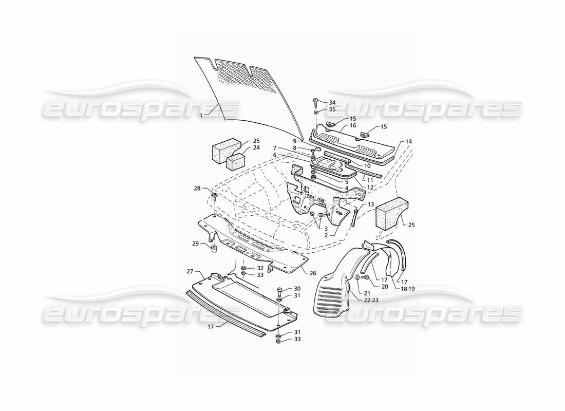 maserati qtp v6 (1996) diagramma delle parti del cofano e delle coperture del vano motore (rhd).