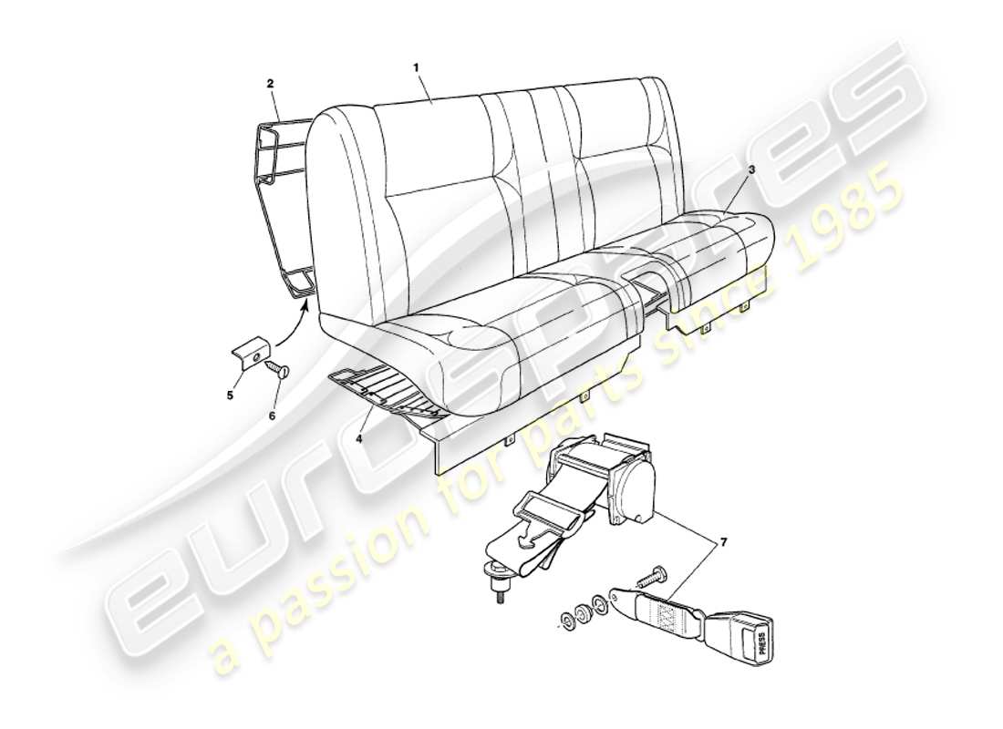 aston martin v8 volante (1999) diagramma delle parti dei sedili posteriori e delle cinture