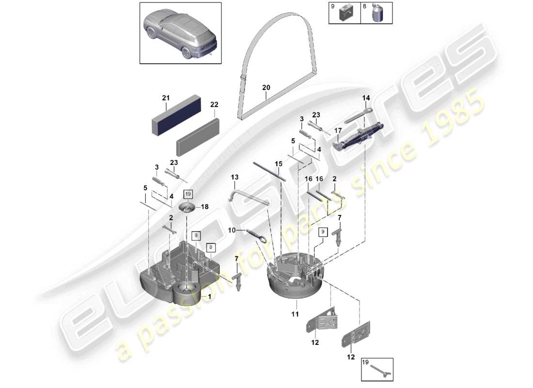 porsche 2022 (cayenne e3 9ya/9yb) diagramma delle parti del martinetto portautensili