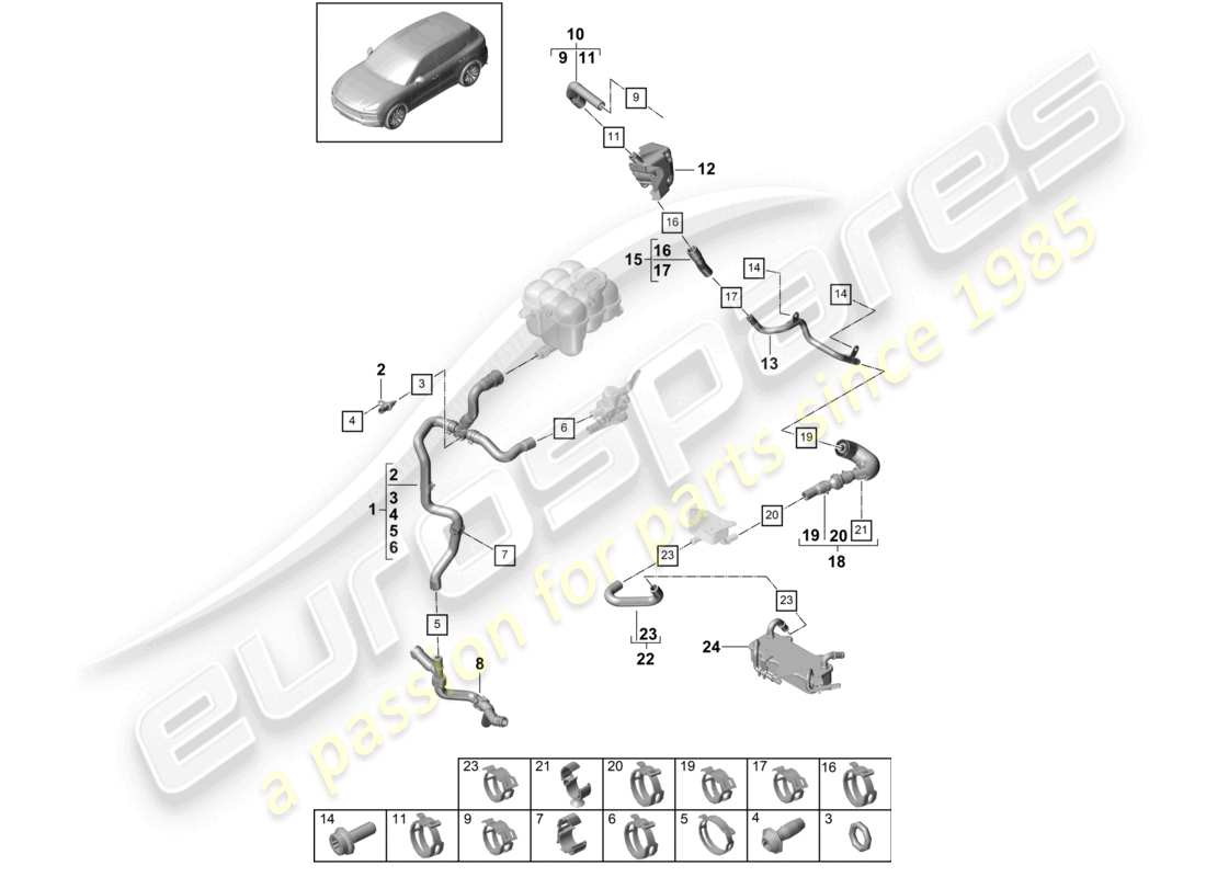 un diagramma delle parti dal catalogo delle parti porsche 2023 (cayenne e3 9ya/9yb)