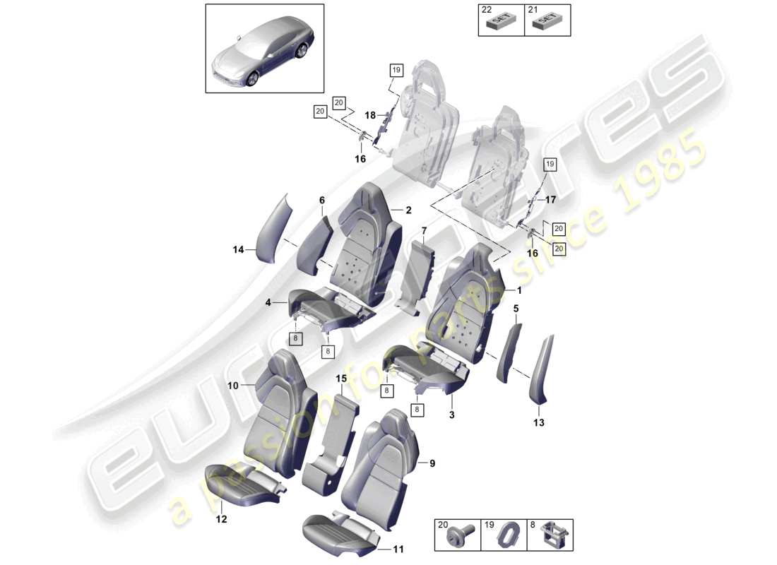 porsche 2023 (panamera 971-2) sedile posteriore per veicoli con passo allungato versione comfort coprisedili in schiuma schema dei componenti
