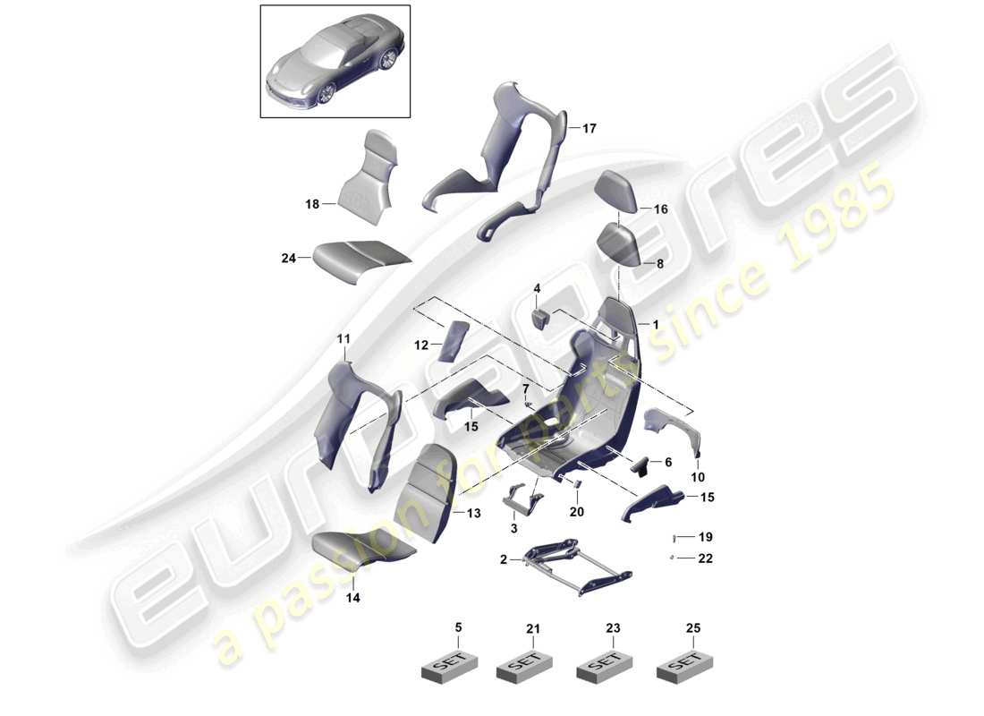 porsche 2021 (991-2 r/gt3/rs) sedile a secchiello telaio del sedile coprisedili coprisedili parte in schiuma diagramma delle parti