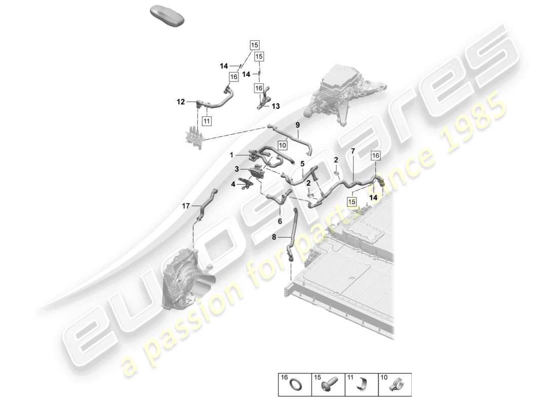 porsche 2025 (taycan 9j1-2) raffreddamento dell'azionamento assale anteriore batteria ad alta tensione diagramma delle parti
