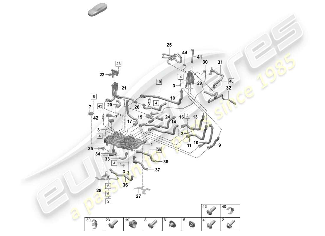 porsche 2025 (taycan 9j1-2) tubo del refrigerante anteriore distributore per refrigerante diagramma delle parti