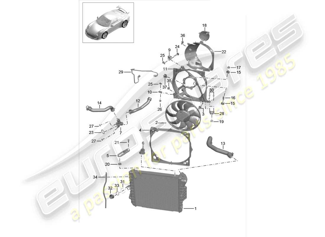 porsche 2021 (991-2 r/gt3/rs) sistema di raffreddamento del liquido di raffreddamento radiatore per liquido di raffreddamento ventola del radiatore diagramma delle parti