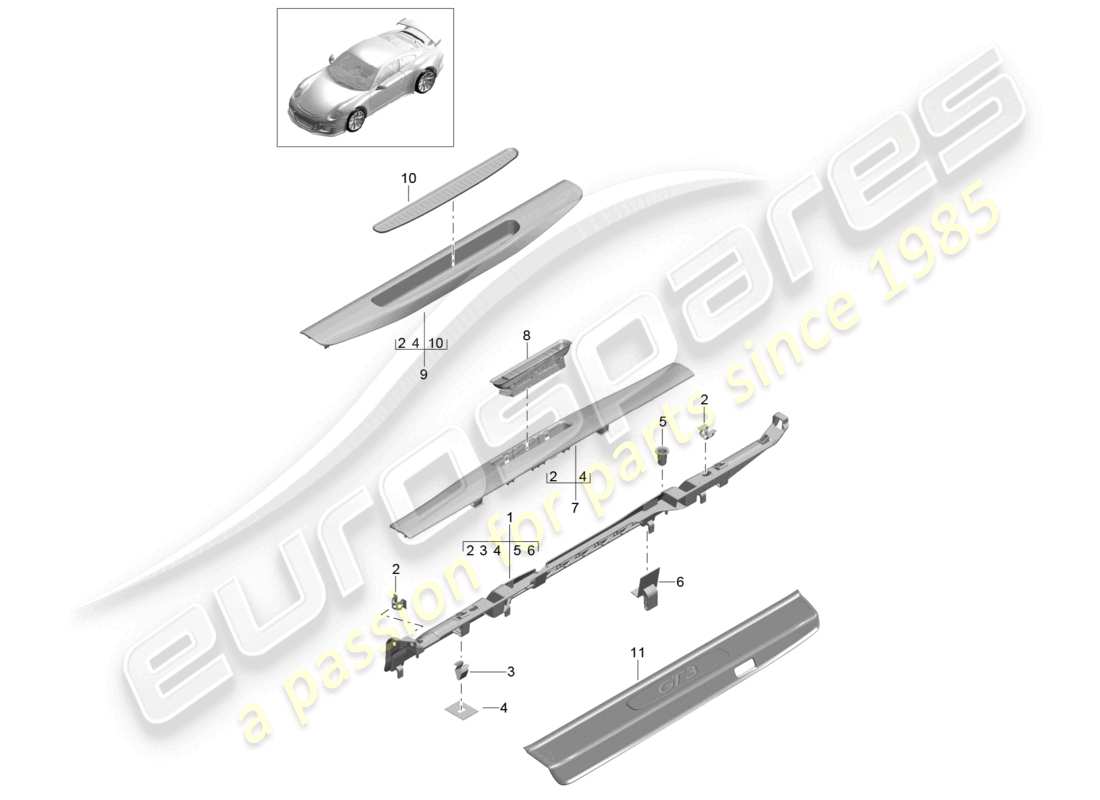 porsche 2021 (991-2 r/gt3/rs) rifinire il davanzale diagramma delle parti
